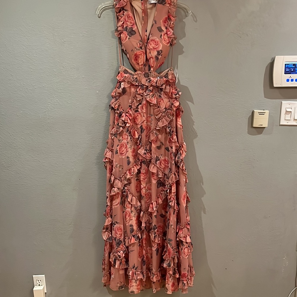 Mac Duggal RUFFLED CUT OUT CAP SLEEVE V NECK GOWN 9152 Rose Multicolor - Picture 17 of 17